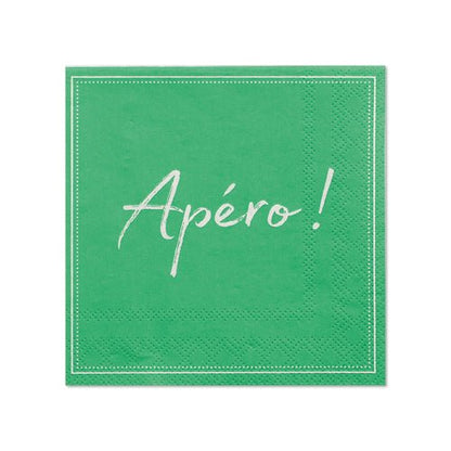 Cele PAPSTAR 20 de șervețele (25x25 cm, 3 straturi, 1/4-pliat) de la PAPSTAR GmbH se prezintă cu un design verde cu cusătură albă și inscripția „Apéro!” – ideal pentru decorarea stilată a mesei la orice întâlnire.