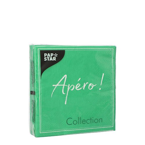 Un pachet verde sigilat cu 20 de șervețele PAPSTAR (25x25 cm, 3 straturi, 1/4-pliat) de la PAPSTAR GmbH cu inscripția „Apéro! Collection” pe față este ideal pentru decorarea mesei. Fotografia arată pachetul pe un fundal alb.
