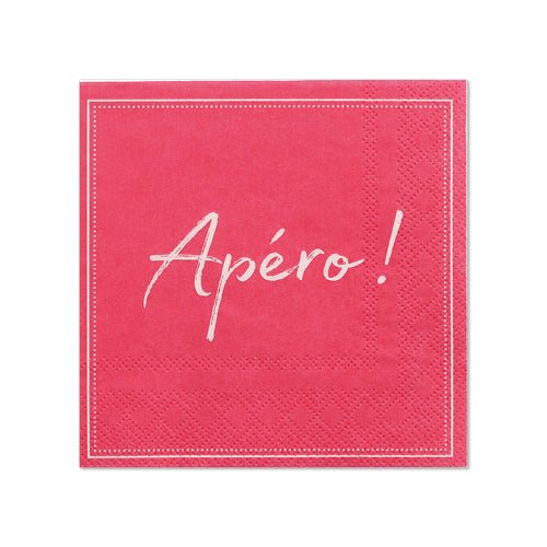 Un șervețel roșu de la PAPSTAR GmbH, 25x25 cm, 3 straturi, cu margine punctată și „Aperitiv!” în scris alb în mijloc. Pachet cu 20 de bucăți (1/4 pliate).