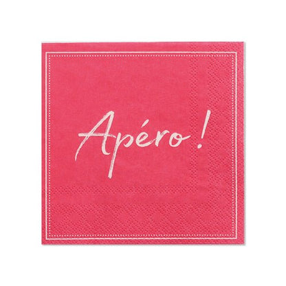 Un șervețel roșu de la PAPSTAR GmbH, 25x25 cm, 3 straturi, cu margine punctată și „Aperitiv!” în scris alb în mijloc. Pachet cu 20 de bucăți (1/4 pliate).