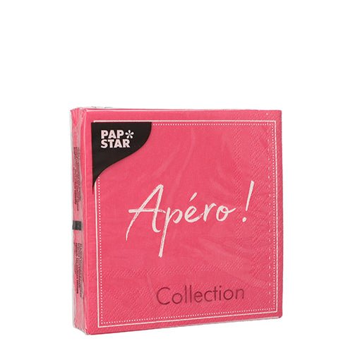 Este afișat un pachet sigilat roz cu 20 de șervețele PAPSTAR (25x25 cm, 3 straturi, 1/4 pliate) de la PAPSTAR GmbH cu text alb pe față și o etichetă neagră în colț.