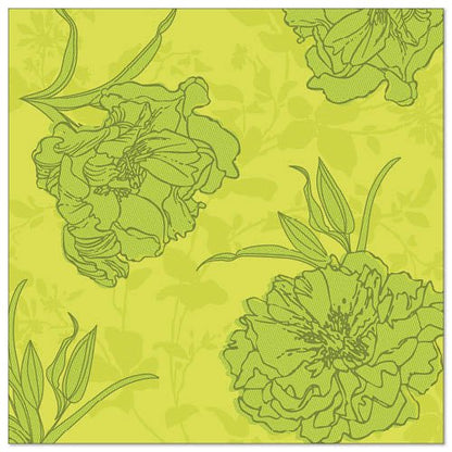 Șervețelele PAPSTAR 50 "ROYAL Collection" 1/4 pliere 40 x 40 cm de la PAPSTAR GmbH sunt cu motive florale verzi pe un fundal galben-verde perfecte pentru ocazii festive și oferă fiecărei mese un aer elegant.