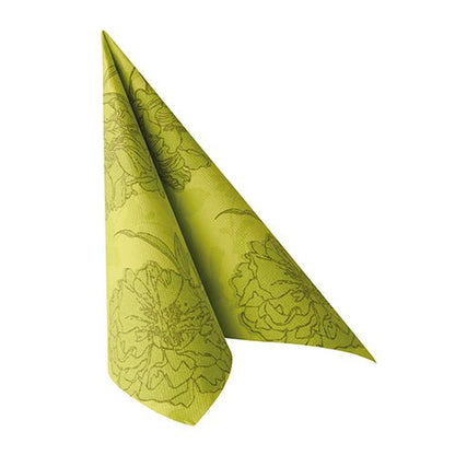 Șervețelul verde PAPSTAR "ROYAL Collection" în pachet de 50 (40 x 40 cm, 1/4 pliere) de la PAPSTAR GmbH este așezat vertical și ascuțit pe un fundal alb simplu cu un model floral negru.