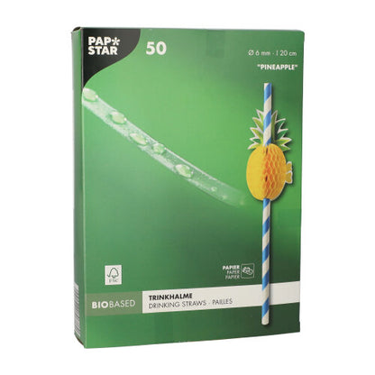 O cutie verde cu 50 de paie de hârtie (20 cm x Ø 6 mm) de la PAPSTAR GmbH cu paie dungate și un ananas galben de hârtie conține 50 de paie biodegradabile, ecologice.