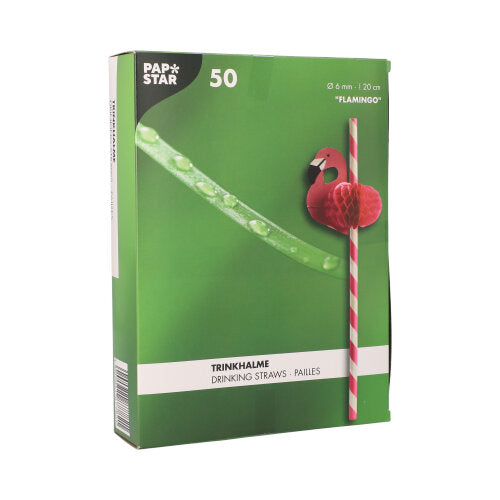 O cutie verde cu inscripția „PAPSTAR 50 paie, hârtie Ø 6 mm · 20 cm” de la PAPSTAR GmbH conține paie de hârtie ecologice cu dungi roz-alb și un flamingo decorativ, subliniind calitatea sustenabilă.