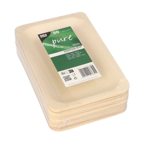 Un set de 50 de bucăți de la PAPSTAR GmbH „pure“ farfurii pentru fingerfood din lemn, ecologice și biodegradabile, cu etichetă de produs pentru materiale sustenabile și siguranța alimentară.