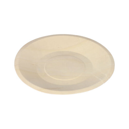 Farfuria PAPSTAR cu 50 de bucăți pentru fingerfood din lemn „pure“ de la PAPSTAR GmbH este rotundă, ecologică, cu margini ușor ridicate și un centru subtil adâncit – plasată pe un fundal alb.