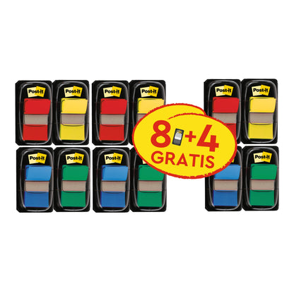 Douăsprezece pachete de benzi adezive 3M Post-it® Index, Standard (25,4 mm x 43,2 mm), culori variate, Promoție: 8 dozatoare + 4 gratuite, câte 50 benzi/dozator - ideal pentru organizarea eficientă a documentelor și marcaje.
