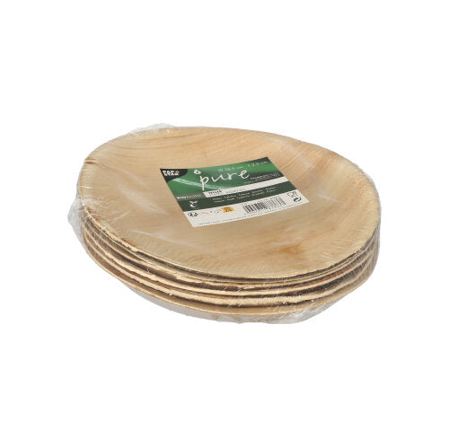 Un teanc de farfurii rotunde PAPSTAR 6, frunză de palmier „pure“ de la PAPSTAR GmbH, maro deschis cu aspect natural de lemn, ambalate într-un ambalaj din plastic cu etichetă de produs – ideal ca veselă ecologică pentru orice ocazie.