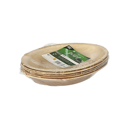Un teanc de farfurii ovale de 6 bucăți „Pure“ de la PAPSTAR GmbH, din frunze de palmier, fabricate din frunze de palmier naturale, învelite în folie transparentă și etichetate cu un autocolant verde-alb – ideale pentru evenimente ecologice.
