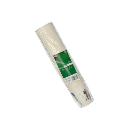 Un teanc de 50 de pahare de carton de unică folosință albe PAPSTAR 0,2 l de la PAPSTAR GmbH, parțial cu o mică imprimare - ideal ca pahare practice pentru petreceri sau evenimente.