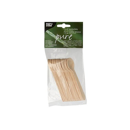 O pungă de plastic transparentă cu 25 de lingurițe de cafea din lemn "pure", 11 cm, ecologice de la PAPSTAR GmbH. O etichetă de top verde-alb informează multilingv despre produs.