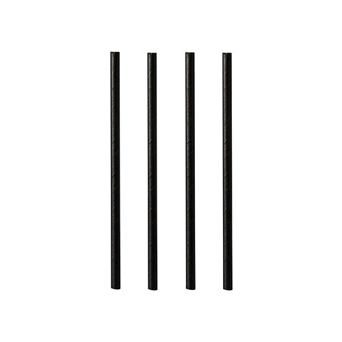 Patru paie de cocktail din hârtie negre PAPSTAR (7 mm x 10 cm) de la PAPSTAR GmbH stau vertical într-un rând pe un fundal alb.