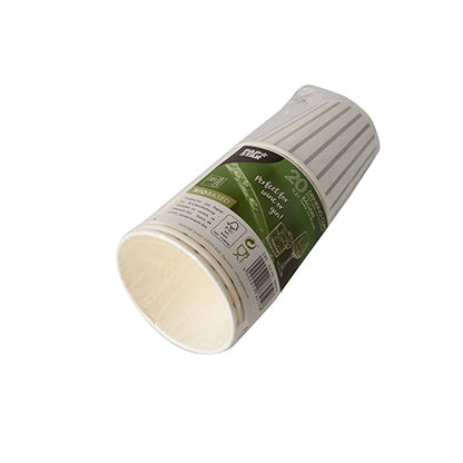 Un teanc de 20 de pahare de băut, hârtie 0,2 l Ø 8 cm de la PAPSTAR GmbH este înfășurat în plastic și poartă o etichetă verde cu informații despre produs și simboluri de mediu pe un fundal alb.