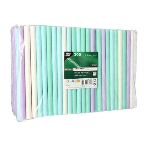 Un ambalaj transparent de plastic al PAPSTAR GmbH conține 200 de paie de hârtie pentru Bubble Tea PAPSTAR (Ø 12 mm, 20 cm), sortate în culori diverse. Eticheta arată pictograme ecologice - ideal pentru fanii Bubble Tea.