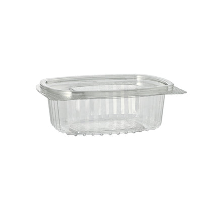 Die Starpak 50 Feinkost- und Salatschalen mit Klappdeckel, R-PET glasklar oval, sind umweltfreundliche Lebensmittelbehälter aus durchsichtigem Kunststoff mit Klappdeckel, ideal für Feinkost und Salate, abgebildet vor weißem Hintergrund.