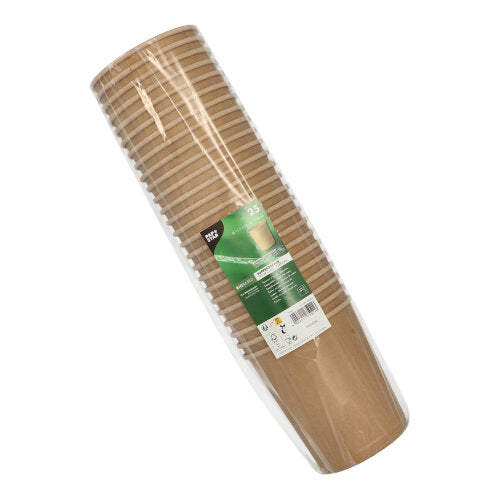 Un pachet cu 25 de pahare de supă PAPSTAR rotunde (11,5 cm, maro, ideal pentru supe), fiecare de 940 ml, stivuite și ambalate în plastic transparent cu etichetă verde-albă de la PAPSTAR GmbH.