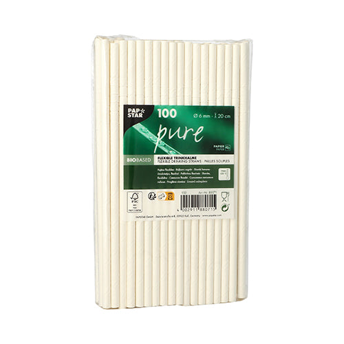 Un ambalaj transparent al PAPSTAR GmbH conține 100 de paie de hârtie „pure“ (Ø 6 mm, 20 cm), prezentate vertical cu o etichetă verde ce indică „biobased“. Aceste paie, ambalate strâns, sunt o alternativă ecologică.