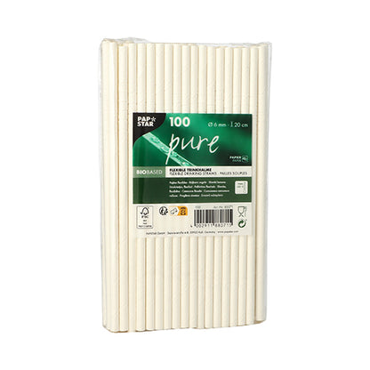 Un ambalaj transparent al PAPSTAR GmbH conține 100 de paie de hârtie „pure“ (Ø 6 mm, 20 cm), prezentate vertical cu o etichetă verde ce indică „biobased“. Aceste paie, ambalate strâns, sunt o alternativă ecologică.