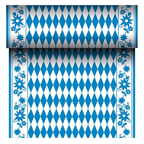 Fuga de masă Airlaid "Bayrisch Blau" (24 m x 40 cm) de la PAPSTAR GmbH este o fugă de masă asemănătoare cu materialul textil, cu un centru de romburi albastre și albe și o bordură de flori albastre. Rola afișează modelul bavarez repetitiv la derulare.