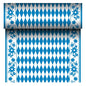 Fuga de masă Airlaid "Bayrisch Blau" (24 m x 40 cm) de la PAPSTAR GmbH este o fugă de masă asemănătoare cu materialul textil, cu un centru de romburi albastre și albe și o bordură de flori albastre. Rola afișează modelul bavarez repetitiv la derulare.