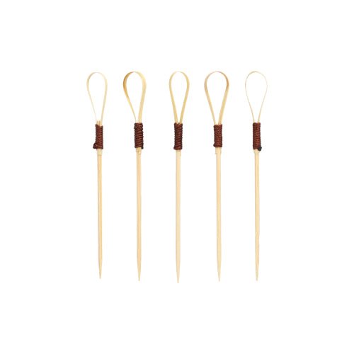 Patruzeci de scobitori pentru aperitive de 10 cm "Loop" Cocktail Picks ale PAPSTAR GmbH, ideale pentru gustări și aperitive, se remarcă printr-un design unic Loop cu secțiuni înfășurate în maro închis, aranjate vertical pe un fundal alb simplu.