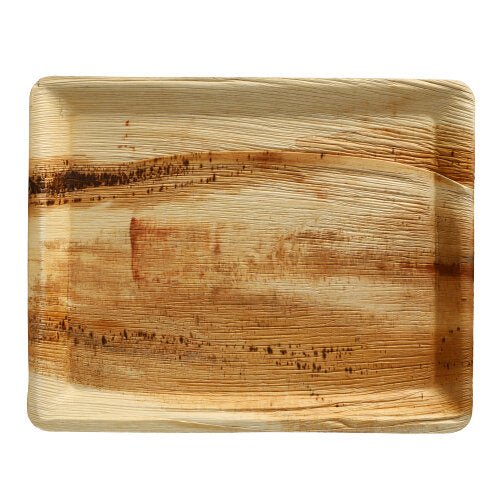 Tava PAPSTAR 25 tăvi, frunză de palmier „pure” dreptunghiulară ale PAPSTAR GmbH este o tavă dreptunghiulară, ecologică, din frunză de palmier naturală cu dungi maro vizibile și o suprafață asemănătoare lemnului, prezentată pe un fundal alb.
