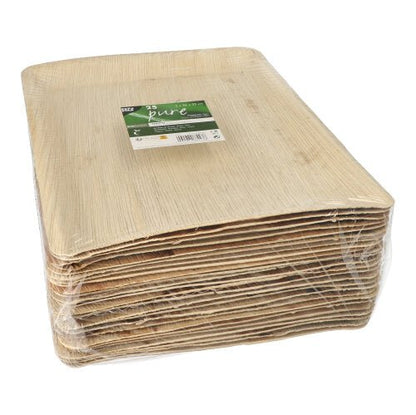 Cele PAPSTAR GmbH 25 tăvi, frunză de palmier „pure” dreptunghiulară – biodegradabile și ecologice – sunt stivuite dreptunghiular și ambalate în plastic transparent cu etichetă verde-albă deasupra.
