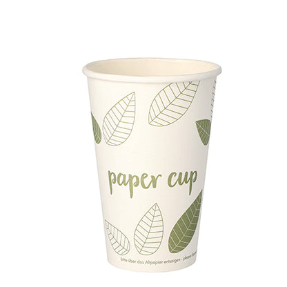 Ein PAPSTAR 50 Trinkbecher, Pappe „pure“ „ZERO“-Pappbecher der PAPSTAR GmbH ist auf einem schlichten weißen Hintergrund mit grünem Blattdesign und dem Text „Paper Cup“ abgebildet und aus nachhaltigen Materialien hergestellt.
