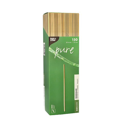 O cutie verde PAPSTAR GmbH cu inscripția "Trinkhalme pure" conține 150 de paie biodegradabile (Ø 4 mm, 23 cm). Ambalajul ecologic prezintă un singur pai vertical pe partea din față.