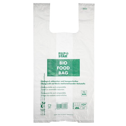 Cele 100 de pungi de transport cu mâner ale PAPSTAR GmbH sunt pungi nod din folie bio transparentă, biodegradabilă, pe un sul cu textul verde „PAP STAR BIO FOOD BAG” și informații multilingve despre compostabilitate și resurse regenerabile.