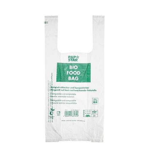 O pungă transparentă din folie bio cu inscripția „BIO FOOD BAG” cu text verde de la PAPSTAR GmbH. Această pungă de transport ecologică cu mâner este biodegradabilă, compostabilă și vine sub formă de sul cu 100 de pungi nod.