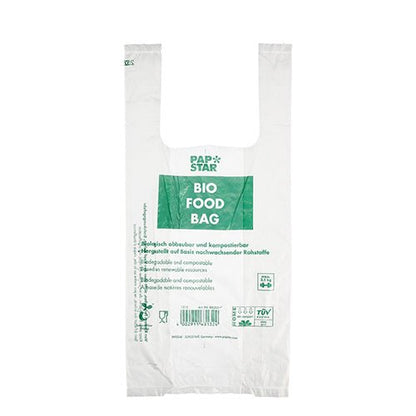 O pungă transparentă din folie bio cu inscripția „BIO FOOD BAG” cu text verde de la PAPSTAR GmbH. Această pungă de transport ecologică cu mâner este biodegradabilă, compostabilă și vine sub formă de sul cu 100 de pungi nod.
