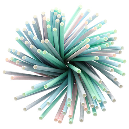 Un pachet de paie de hârtie PAPSTAR (21 cm, culori sortate, Ø 6 mm, 200 de bucăți) de la PAPSTAR GmbH, aranjate circular cu capetele deschise spre exterior, fotografiate de sus pe un fundal alb.