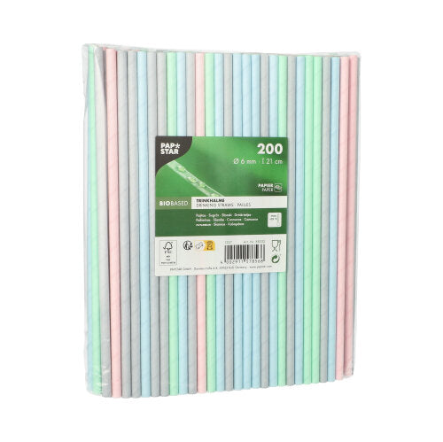 Un pachet cu 200 de paie de hârtie PAPSTAR GmbH, lungi de 21 cm și late de 6 mm, în diverse culori, vine într-un ambalaj clar de folie. Aceste paie de hârtie colorate adaugă o notă veselă oricărei ocazii.