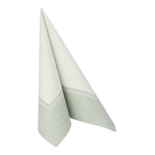 Un șervețel asemănător cu o pânză verde deschis și alb din colecția ROYAL a PAPSTAR GmbH, 40 x 40 cm, pliat într-un triunghi vertical cu două margini ascuțite; Produs: PAPSTAR 50 șervețele "ROYAL Collection" 1/4-pliere verde.