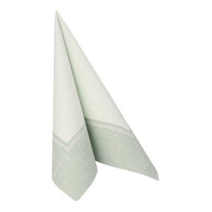 Un șervețel asemănător cu o pânză verde deschis și alb din colecția ROYAL a PAPSTAR GmbH, 40 x 40 cm, pliat într-un triunghi vertical cu două margini ascuțite; Produs: PAPSTAR 50 șervețele "ROYAL Collection" 1/4-pliere verde.