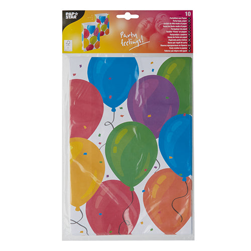 Ein 10er Pack PAPSTAR Partytüten der PAPSTAR GmbH, aus Papier und dekoriert mit bunten Luftballons und Konfetti – mit der Aufschrift „Partyfeeling!“ auf der Oberseite – ideal für jede Feier.