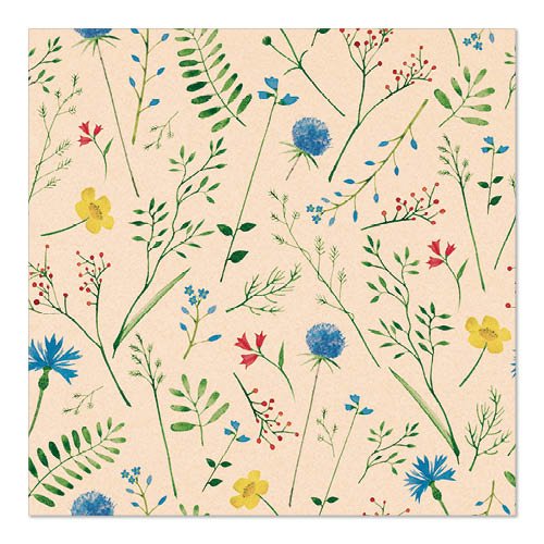 Șervețelul bej PAPSTAR 20 șervețele 33x33 cm al PAPSTAR GmbH prezintă un model de flori sălbatice colorate - albastru, galben și roșu - și frunze verzi, distribuite uniform pe suprafața naturală, cu 3 straturi.