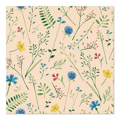Șervețelul bej PAPSTAR 20 șervețele 33x33 cm al PAPSTAR GmbH prezintă un model de flori sălbatice colorate - albastru, galben și roșu - și frunze verzi, distribuite uniform pe suprafața naturală, cu 3 straturi.