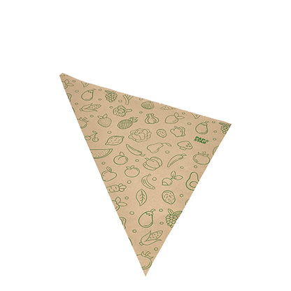 Cele PAPSTAR 1000 de pungi conice, hârtie kraft maro „Fruits & Vegs” ale PAPSTAR GmbH sunt șervețele triunghiulare din hârtie maro ecologice, cu ilustrații de fructe și legume cu margini verzi.