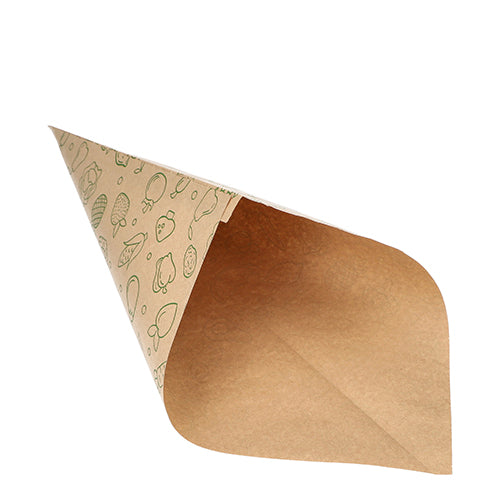 Cele PAPSTAR 1000 de pungi conice, hârtie kraft maro „Fruits & Vegs” ale PAPSTAR GmbH sunt prezentate goale, cu ilustrații de fructe și legume verde deschis, fotografiate pe un fundal alb.