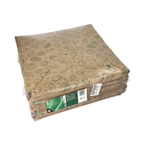 PAPSTAR 1000 de pungi conice din hârtie kraft maro „Fruits & Vegs” cu ilustrații alimentare verzi, în pungi transparente cu etichetă verde-alb - ideale pentru transportul ecologic al fructelor și legumelor.