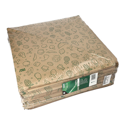 Un teanc de PAPSTAR 1000 de pungi conice, hârtie kraft maro „Fruits & Vegs” de la PAPSTAR GmbH, cu ilustrații de fructe și legume verzi, ambalate în folie transparentă și etichetă verde-alb pe lateral.