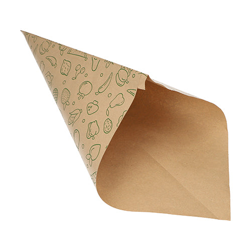 Cele PAPSTAR 1000 de pungi conice din hârtie kraft maro "Fruits & Vegs" ale PAPSTAR GmbH sunt pungi stilate, ecologice, cu motive de fructe și legume verzi în interior, ideale pentru servirea sustenabilă a gustărilor. Prezentate goale pe fundal alb.