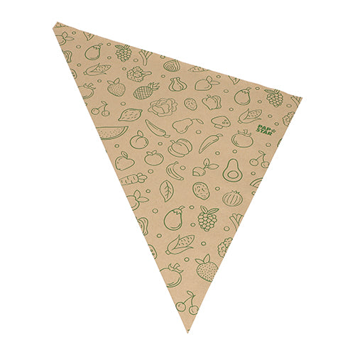Cele PAPSTAR 1000 de pungi conice ale PAPSTAR GmbH sunt pungi triunghiulare maro din hârtie kraft cu imprimeu verde de fructe și legume - perfecte ca pungi ecologice pentru transportul fructelor și legumelor.