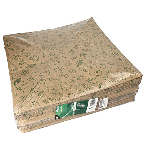 Ein Stapel PAPSTAR 1000 Spitztüten aus braunem Kraftpapier „Obst & Gemüse“ von der PAPSTAR GmbH, verpackt in durchsichtigem Kunststoff mit umweltfreundlichen grünen Obst- und Gemüsedesigns und einem sichtbaren grün-weißen Produktinformationsetikett an der Seite.