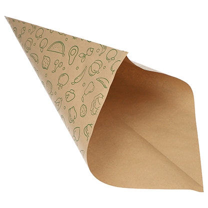 Cele PAPSTAR 1000 de pungi conice, hârtie kraft maro „Fruits & Vegs” ale PAPSTAR GmbH sunt pungi alimentare goale, parțial deschise, cu motive de fructe și legume verde deschis - ideale pentru transportul ecologic al fructelor și legumelor.