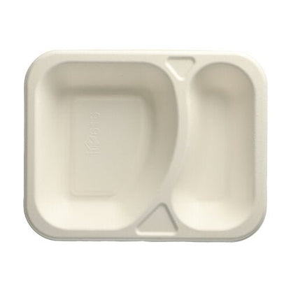 O tăviță dreptunghiulară, albă, din două părți PAPSTAR 100 de tăvițe sigilate pentru gastronomie din trestie de zahăr compostabilă de la PAPSTAR GmbH, prezentată de sus pe un fundal alb simplu.