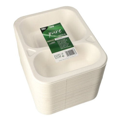 Un teanc de tăvițe albe PAPSTAR 100 sigilate din trestie de zahăr, împărțit în 2 părți și ambalate în plastic. Eticheta verde-albă de la PAPSTAR GmbH indică 100 de boluri de unică folosință ecologice pentru catering.
